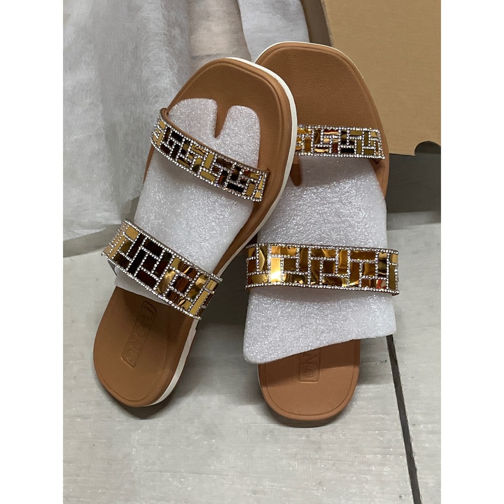 ONCAI Women Gold Khaki Flat Sandals Embellished Rhinestone Studded Slip Size‎ 11